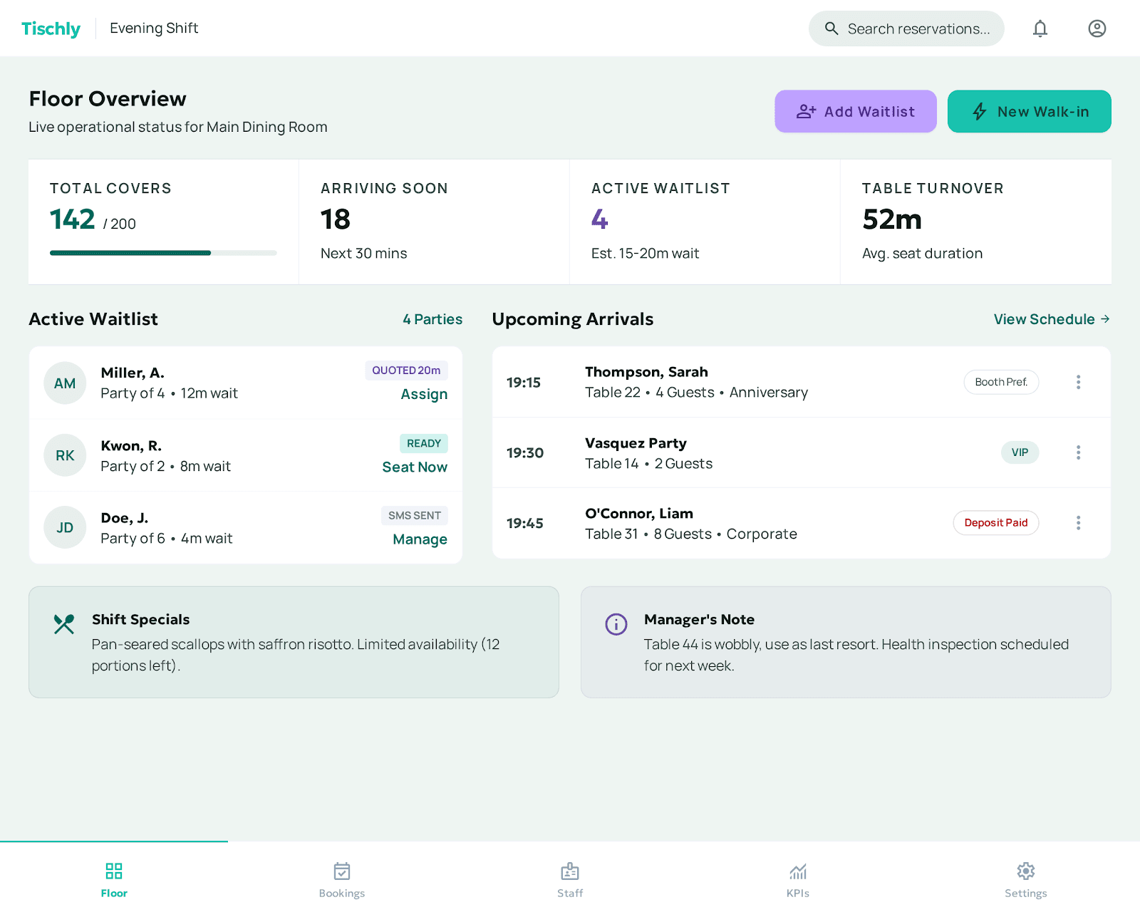 Tischly interface preview with arrivals, waitlist and shift overview